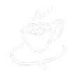 Icône blanche d'une tasse de café sur une soucoupe en forme de bulle de dialogue.